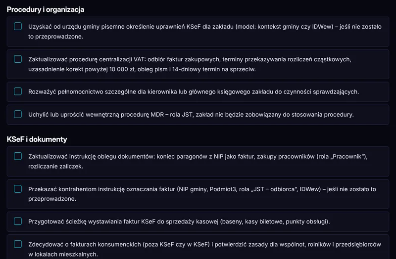 Lista kontrolna dla zakładu budżetowego z polami do odhaczenia