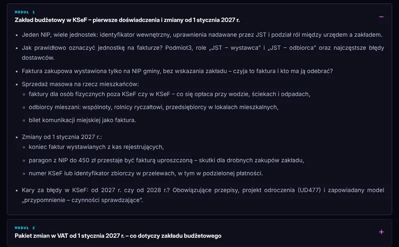 Program szkolenia dla zakładów budżetowych z rozwijanymi modułami